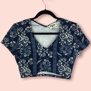 Show Me Your Mumu Miami Crop Top Floral V-neck Blue White Small